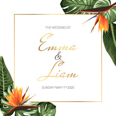 Tropical exotic wedding event invitation card template design. Square border frame green jungle palm tree monstera leaves, orange strelitzia bird paradise flowers. Corner decoration. Text placeholder.