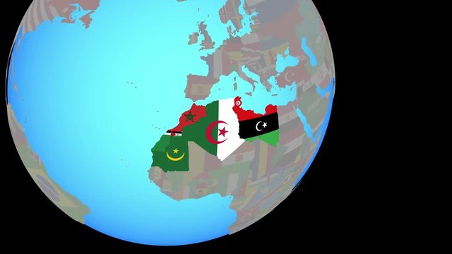 Zoom to Maghreb region with embedded national flags on blue political globe. 3D illustration.