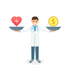 Health or money with doctor and scales vector illustration. Health vs money on scales, Vector concept