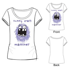 White t shirt with fashion print with Vector illustration funny crazy monster. Sketch illustration drawn with colored crayons