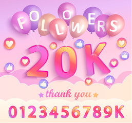 Set of numbers for Thank you followers design.Thanks followers congratulation card. Vector illustration for Social Networks. Web user or blogger celebrates and tweets a large number of subscribers.