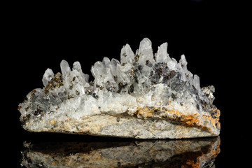 Macro mineral stone Galena, Sphalerite, Pyrite, Quartz on a black background