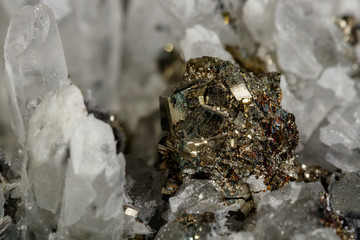 Macro mineral stone Galena, Sphalerite, Pyrite, Quartz on a black background