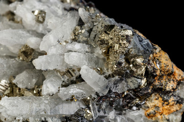 Macro mineral stone Galena, Sphalerite, Pyrite, Quartz on a black background