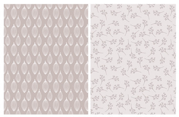 Hand Drawn Abstract Leaves and Twigs Vector Patterns. Light Pale Pink and Delicate Beige Color Design. Floral Repeatable Patterns. Pastel Colors. Light Brown and Pale Light Pink Backgrounds.