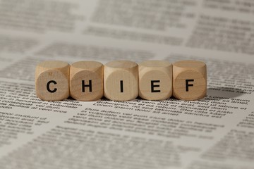 wooden cubes with letters. the word chief is displayed, abstract illustration