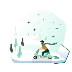 The concept. The image of a man with a beard, he goes to a meeting with adventures, through the pages of a read book, on a moped.
