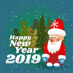 Happy New Year 2019 poster. Santa with green christmas trees.