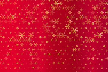 Winter pattern with Golden stars and snowflakes on red blurred background. Scalable vector graphic