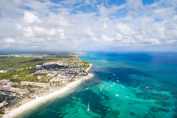 Coastal zone of the Dominican Republic. View from the cockpit of the helicopter.
