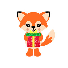 cartoon cute  fox vector and christmas present