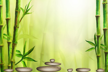 Plakat Spa still life background with zen stones and green bamboo forest. Space for text.