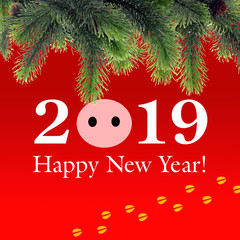 Fototapeta na wymiar Greeting card with the year 2019 - the year of the yellow pig