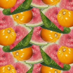 Beautiful background of tomatoes, cucumbers and watermelon 