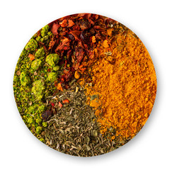 mix of spices in the form of a circle on a white background. seasoning universal