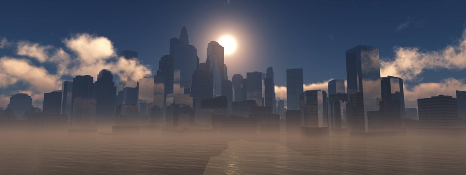 Modern city at sunrise in the fog over the water, skyscrapers at sunset over the water,
3d rendering
