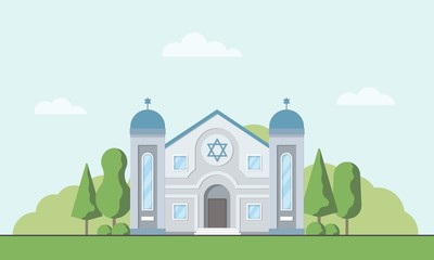 Synagogue. Jewish traditional religion building. Judaism worship place. Vector illustration.
