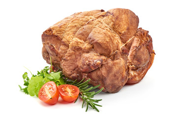 Smoked Ham boneless, close-up, isolated on white background. Meatworks boiled ham