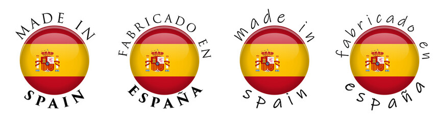 Obraz premium Simple Made in Spain/ Fabricado en Espana (Spanish translation) 3D button sign. Text around circle with national flag. Decent and casual font version.