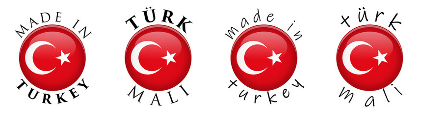 Simple Made in Turkey/ Turk Mali (Turkish translation) 3D button sign. Text around circle with national flag. Decent and casual font version.