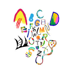 Obraz premium Hand drawn decorative font. Modern, design letters, display font. Alphabet letters, abc poster. Styling by Kandinsky. Colorful