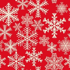 Naklejka na ściany i meble Seamless pattern of snowflakes of different shapes. White winter snow on a red background.