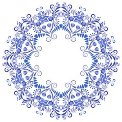 Circular ornament frame. Floral pattern in the style of national porcelain painting.