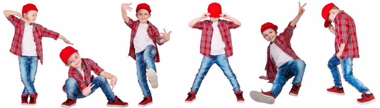 The boy in the style of Hip-Hop . Children's fashion.Cap and jacket.
