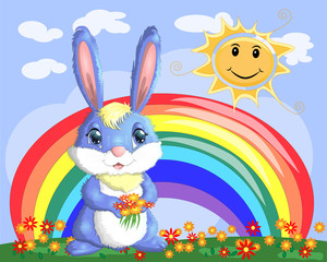 Bunny with a bouquet in a meadow near the rainbow. Spring, love, postcard