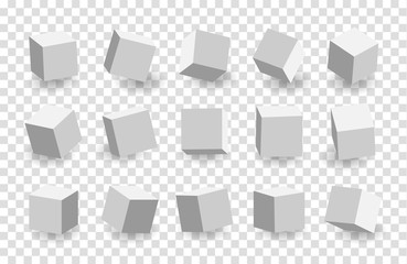 Fototapeta na wymiar White 3D cubes pack isolated on transparent background. Different light, perspective and angle. Vector illustration
