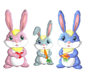Family of three bunnies: dad, mom and son, isolated on white background