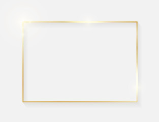 Gold shiny glowing vintage frame with shadows isolated on white background. Golden luxury realistic border. Wedding, mothers or Valentines day concept. Xmas and New Year abstract. Vector illustration