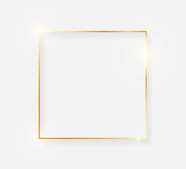 Gold shiny glowing vintage frame with shadows isolated on white background. Golden luxury realistic border. Wedding, mothers or Valentines day concept. Xmas and New Year abstract. Vector illustration