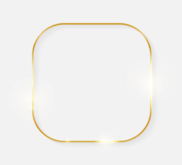 Gold shiny glowing vintage frame with shadows isolated on white background. Golden luxury realistic border. Wedding, mothers or Valentines day concept. Xmas and New Year abstract. Vector illustration