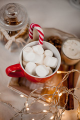 Fototapeta na wymiar A cup of hot cocoa with marshmallows, cookies, Christmas candy, candies, Christmas lights. Christmas mood. The decor. Holidays. New Year. Cozy.