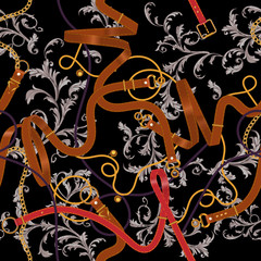 Seamless pattern with belts, golden chains, and baroque leaves. Striped patch for scarfs, print, fabric.