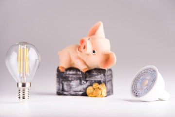 Led lamps and piggy bank lie on a white background