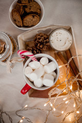 A cup of hot cocoa with marshmallows, cookies, Christmas candy, candies, Christmas lights. Christmas mood. The decor. Holidays. New Year. Cozy.