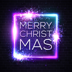 Christmas neon sign. Light vector illustration on winter holidays with star explosion firework. Luminous square frame for Christmas project greeting card poster banner flyer. Neon rectangle signboard.