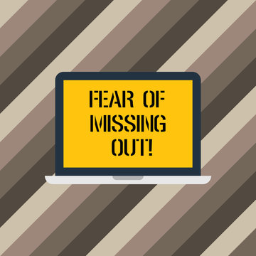 Text sign showing Fear Of Missing Out. Conceptual photo Afraid of losing something or someone stressed Laptop Monitor Personal Computer Device Tablet Blank Screen for Text Space