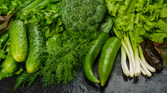 fresh green different vegetables. vegetables background