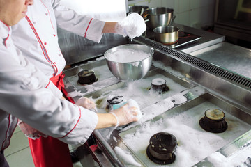 Sanitary day in the restaurant. Repeats wash your workplace. Cooks wash oven, stove and extractor in the Restaurant.