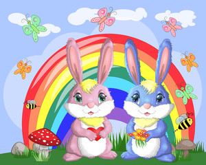 A pair of bunnies, a boy and a girl in a clearing near the rainbow. Spring, love, postcard