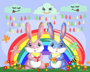 A pair of bunnies, a boy and a girl in a clearing near the rainbow. Spring, love, postcard
