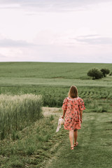 Young girl walking in green fields, wearing red stripe dress, holding a hat, happy childhood in countryside, back view