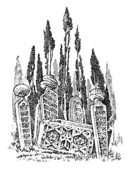 Vintage cemetery landscape on the background of the forest. Amazing scary place. Mystical landscape for cards, banners and website Vintage Engraved hand drawn monochrome sketch.