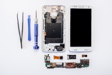 Kit modern smartphone crash and repair in top view