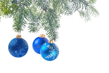 Blue shiny decorative Christmas balls on white background