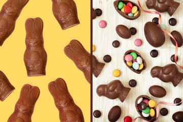 Easter background with chocolate candies in the shape of rabbit, chicken, eggs and sweets. Chocolate easter eggs. Flat lay. View from above