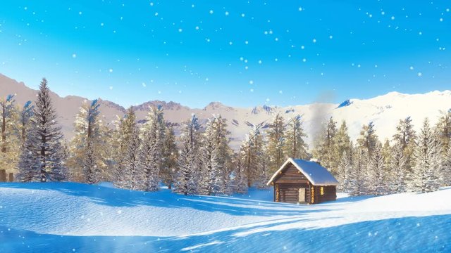 Peaceful winter landscape - solitary log cabin with smoking chimney among snow covered pine forest high in mountains at wintry day during snowfall. 3D animation in cinemagraph style rendered in 4K